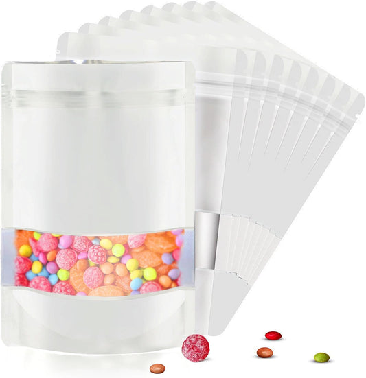 3.5"x5" 120pcs Mylar Bags for Food Storage,Smell Proof Bag with Matte Window Resealable Food Storage Bags for Small Business, Stand-up Foil Pouch Packaging Freeze Dried Candy Bag(White)