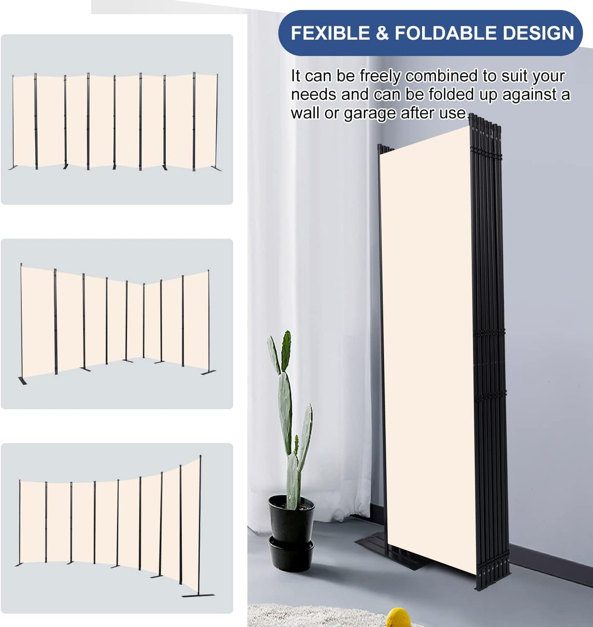 Room Divider and Folding Privacy Screens， Large 8 Panel Room Divider Wall Screen for Room Separtition, Partition Room Dividers Panel, Portable Fabric Wall Divider Room Separator for Office, School