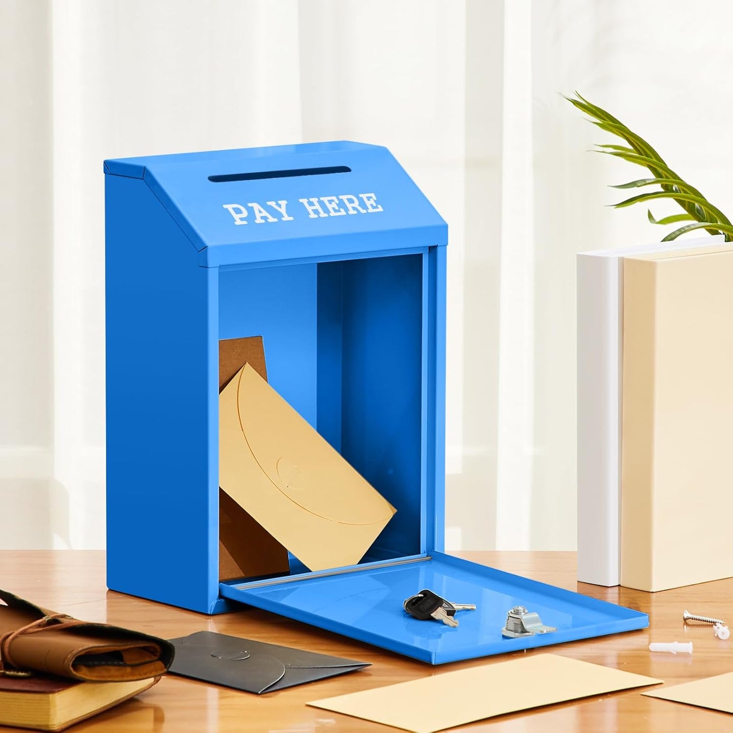 Safe Cash Box Money Collection Metal Donation Box with Lock Wall Mount Pre Drilled Mailbox Delivery Ballot for Home Office Outdoor Self Serve Stand(Blue,11.8 x 8.6 x 4.7 Inch)