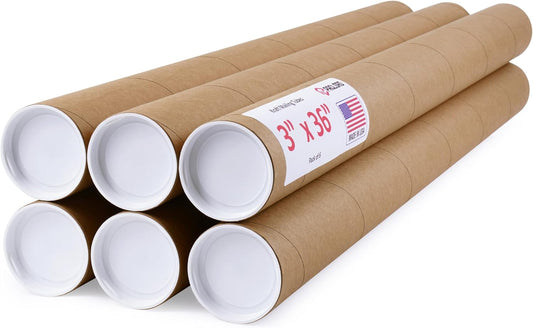 3" x 36" Reinforced Kraft Paper Mailing Tubes, Pack of 6 Tubes with 2 Caps Each – USPS Approved Poster Tube – Made in USA Cardboard Tube for Shipping and Storing Posters, Prints, Artwork, or Documents