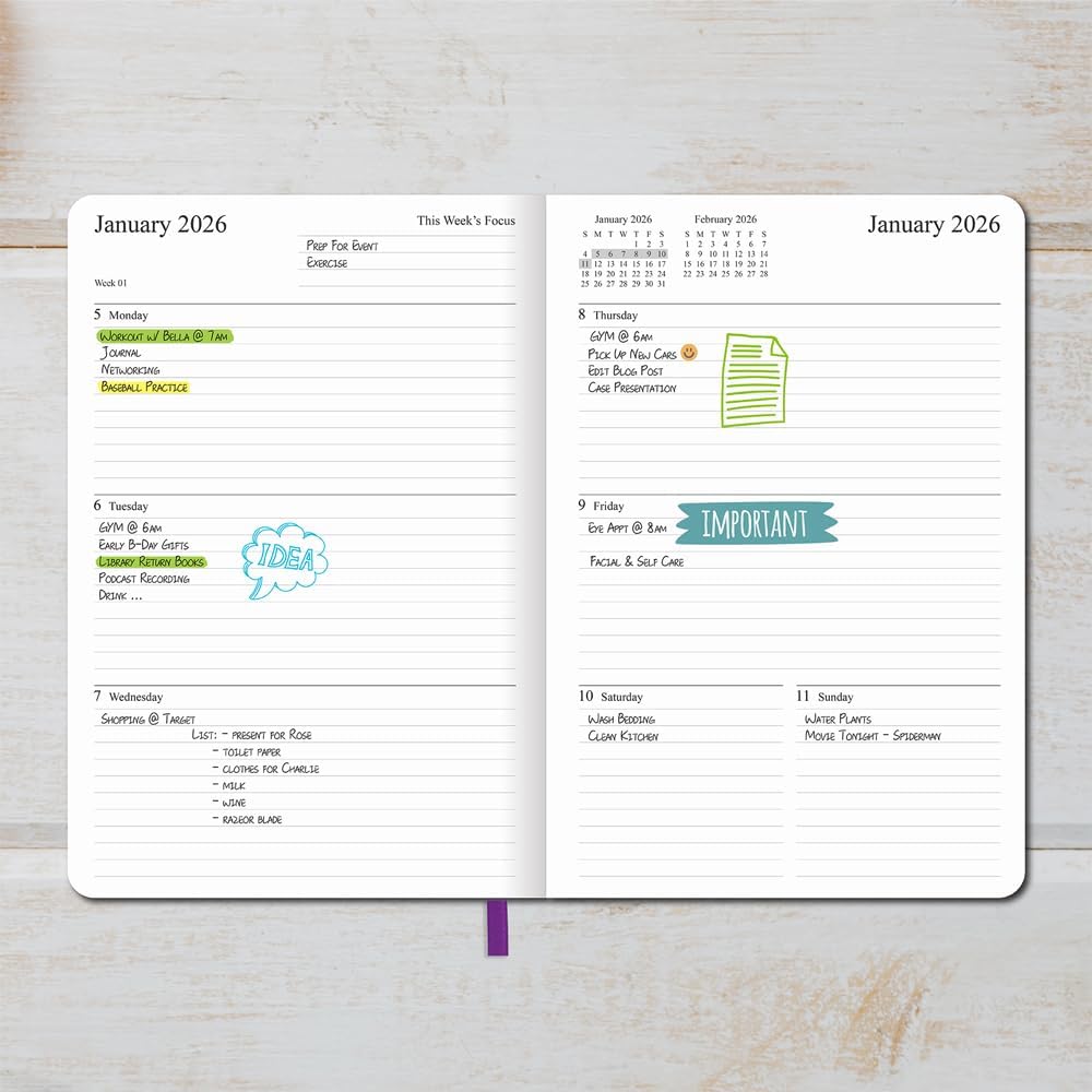 2025-2026 Planner - Weekly and Monthly Planner, Oct 2025 - Dec 2026, Contacts and Notes Pages, Vegan Leather Cover, Elastic Closure, 5.5”x8.25”, Purple