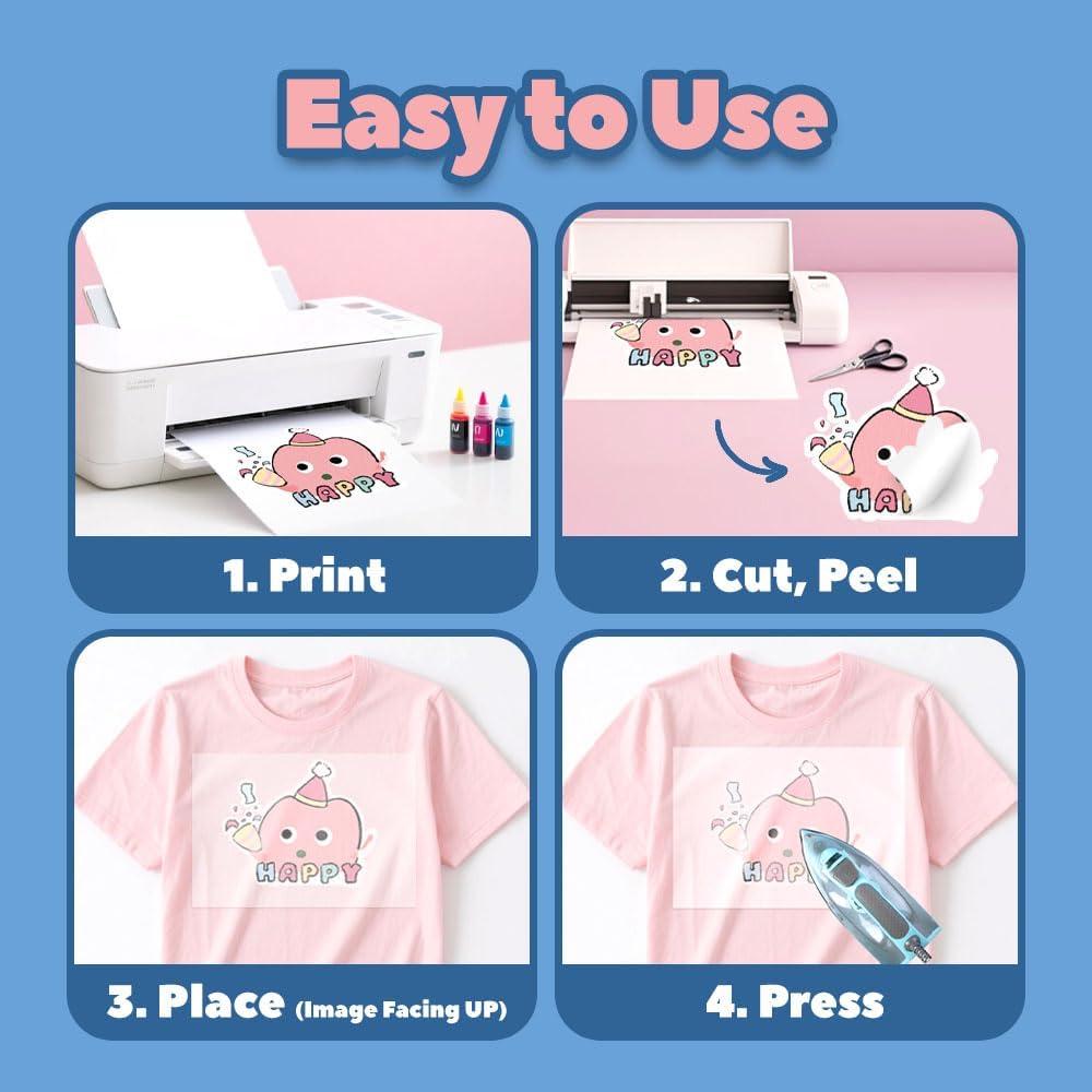 TranSmile PU-Heat Transfer Paper for T Shirts (50 Sheets, 8.5x11'', Light), Iron on Transfers for Light Fabric, Printable Heat Transfer Vinyl for Inkjet Printer