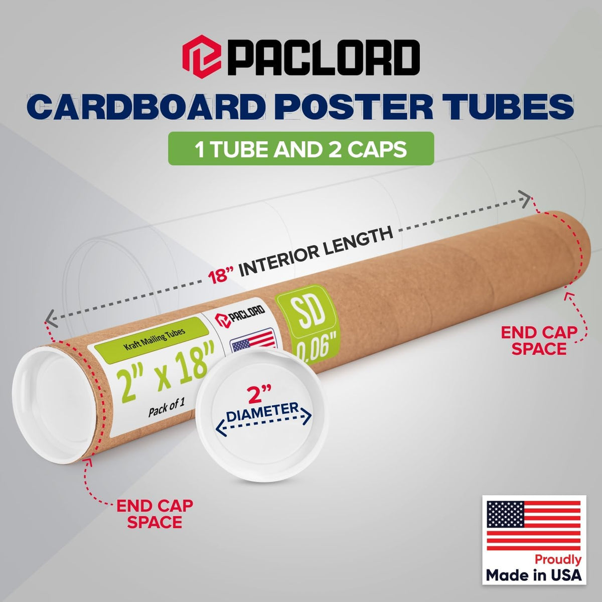 2" x 18" Reinforced Kraft Paper Mailing Tube, Pack of 1 Tube with 2 Caps – Secure USPS Approved Poster Tube – Cardboard Tube for Shipping and Storing of Posters, Prints, Artwork, or Documents