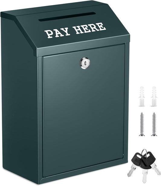 Safe Cash Box Money Collection Metal Donation Box with Lock Wall Mount Pre Drilled Mailbox Delivery Ballot for Home Office Outdoor Self Serve Stand (Dark Green,11.8 x 8.6 x 4.7 Inch)