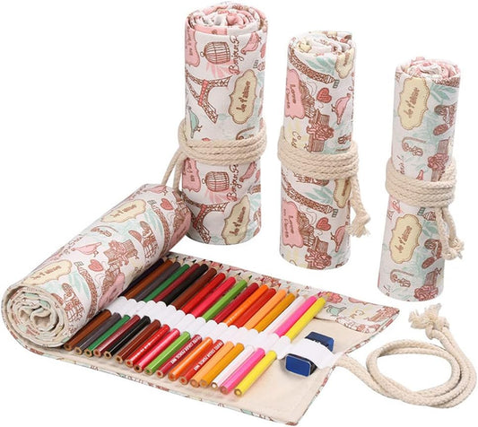 DIYOMR 24/36/72 Slots Pencil Wrap Pencil Rolls, Artist Colored Pencils Roll Up Bag Short Brushes Pouch Case Pencils Organizer for Drawing Coloring and Sketching (Paris Tower, 36slots)