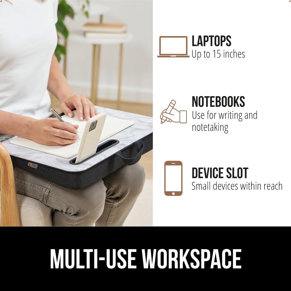 GORILLA GRIP Laptop Lap Desk with Phone Holder, Pillow Cushion Desks Fit Laptops up to 15.6", Tray Ledge Keep Computers in Place, Portable Travel Workstation Essentials for Home, Dorm, Marble Pattern