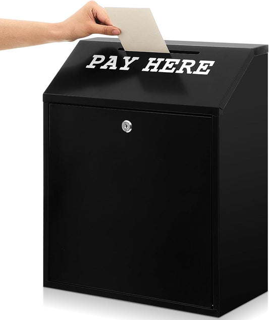 18 x 15 x 7 Inch Safe Cash Box Money Collection Metal Donation Box with Lock Wall Mount Pre Drilled Mailbox Delivery Ballot for Home Office Outdoor Self Serve Stand (Black)