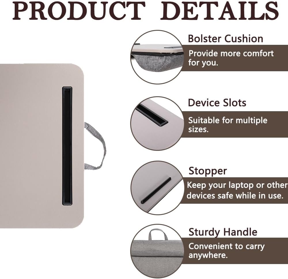 Portable Laptop Desk Fits Up to 16“ Laptops, with Tablet Slot, Built-in Cushion, Great for Home & Office,Lap Desk for Laptop,Lap Desk with Cushion (Gray, Medium)