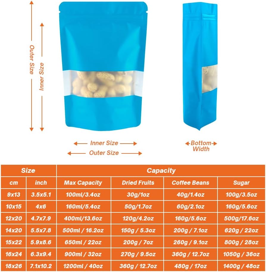 4CP 100 Pcs Blue Zipper Smell Proof Bags with Window, 7.0x10.5 Inch Stand Up Foil Pouches for Food Selfsealing Storage, Reusable Bag for Packaging Small Business, Cookies, Nunt, Candy