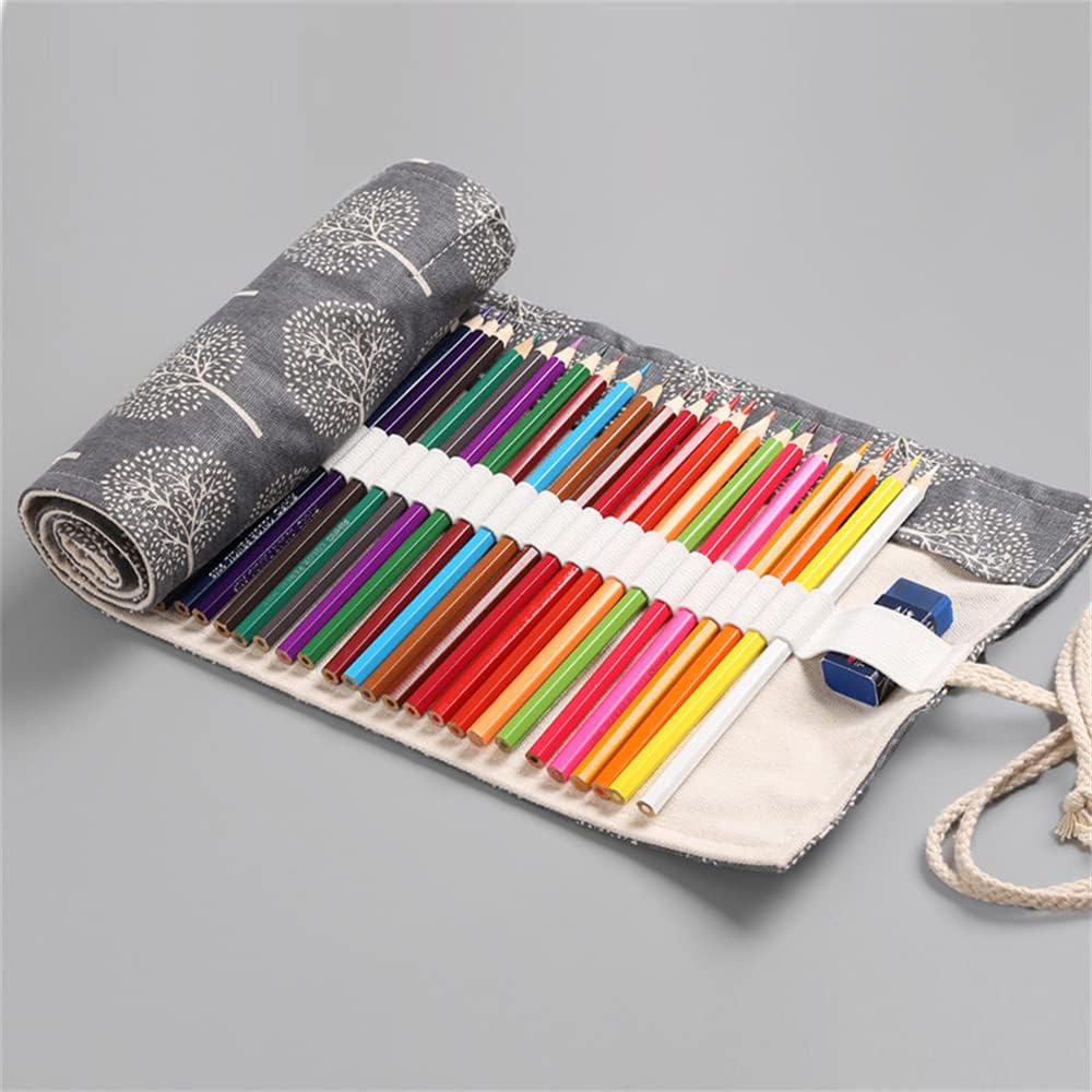 DIYOMR 24/36/72 Slots Pencil Wrap Pencil Rolls, Artist Colored Pencils Roll Up Bag Short Brushes Pouch Case Pencils Organizer for Drawing Coloring and Sketching (Trees, 24slots)