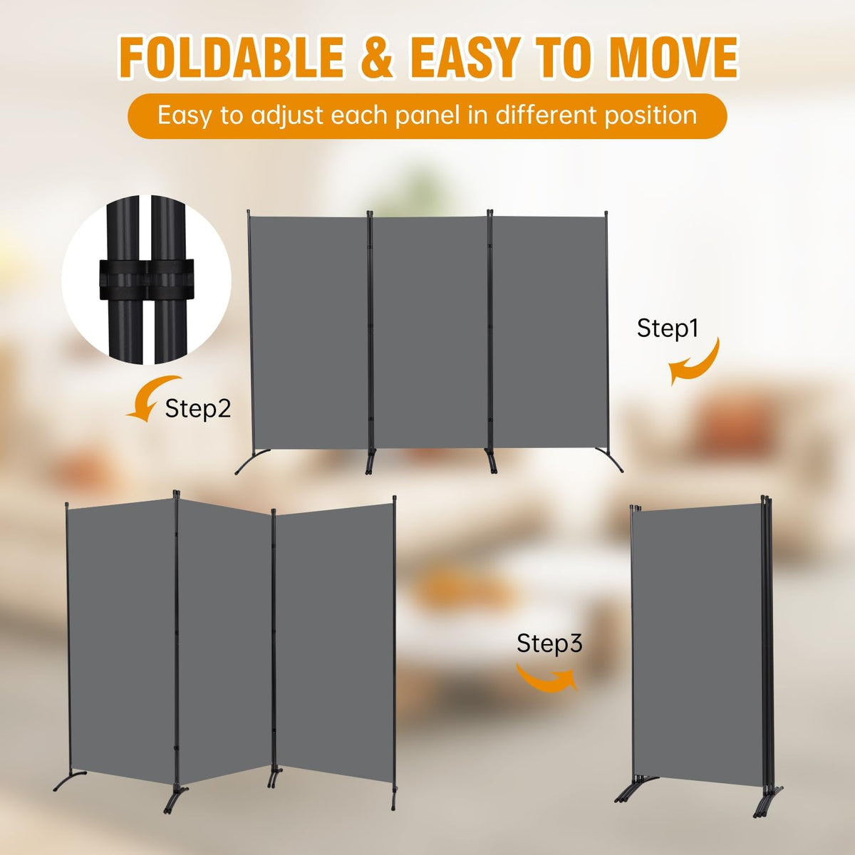 6 FT Tall Room Divider Screen Fabric Wall Divider with Metal Frame, 3 Panel Folding Privacy Screens, Portable Room Divider Panel, Freestanding Room Divider Partition for Office Bedroom Study, Grey