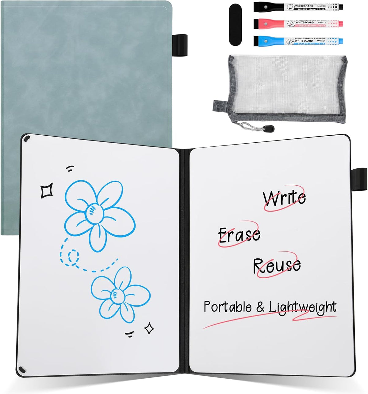 AGM Portable White Board Dry Erase Notebook, 8.4" x 6" Double Sided Folding Whiteboards with 3 Pens, Small Travel Dry Erase Board Skin-Friendly Material for Study, Meeting, Planning, Ocean Blue