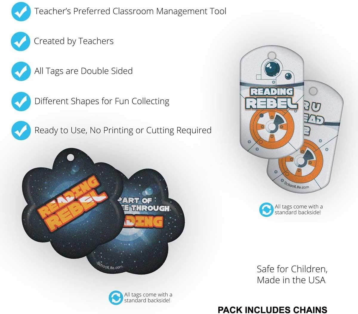 Reading Rebel Brag Tag Value Pack: Wearable Incentives for Young Readers 500 Tags (50 Tags for Each Design) + 150 Chains