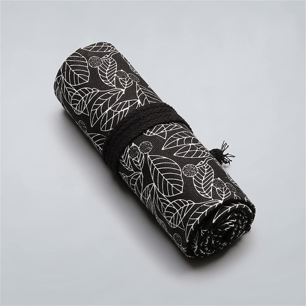 DIYOMR 12/24/36/72 Slots Pencil Wrap Roll, Artist Colored Roll Up Bag, Short Brushes Pouch Case Organizer for Drawing Coloring and Sketching, No Pencils (Black Leaves, 12slots)