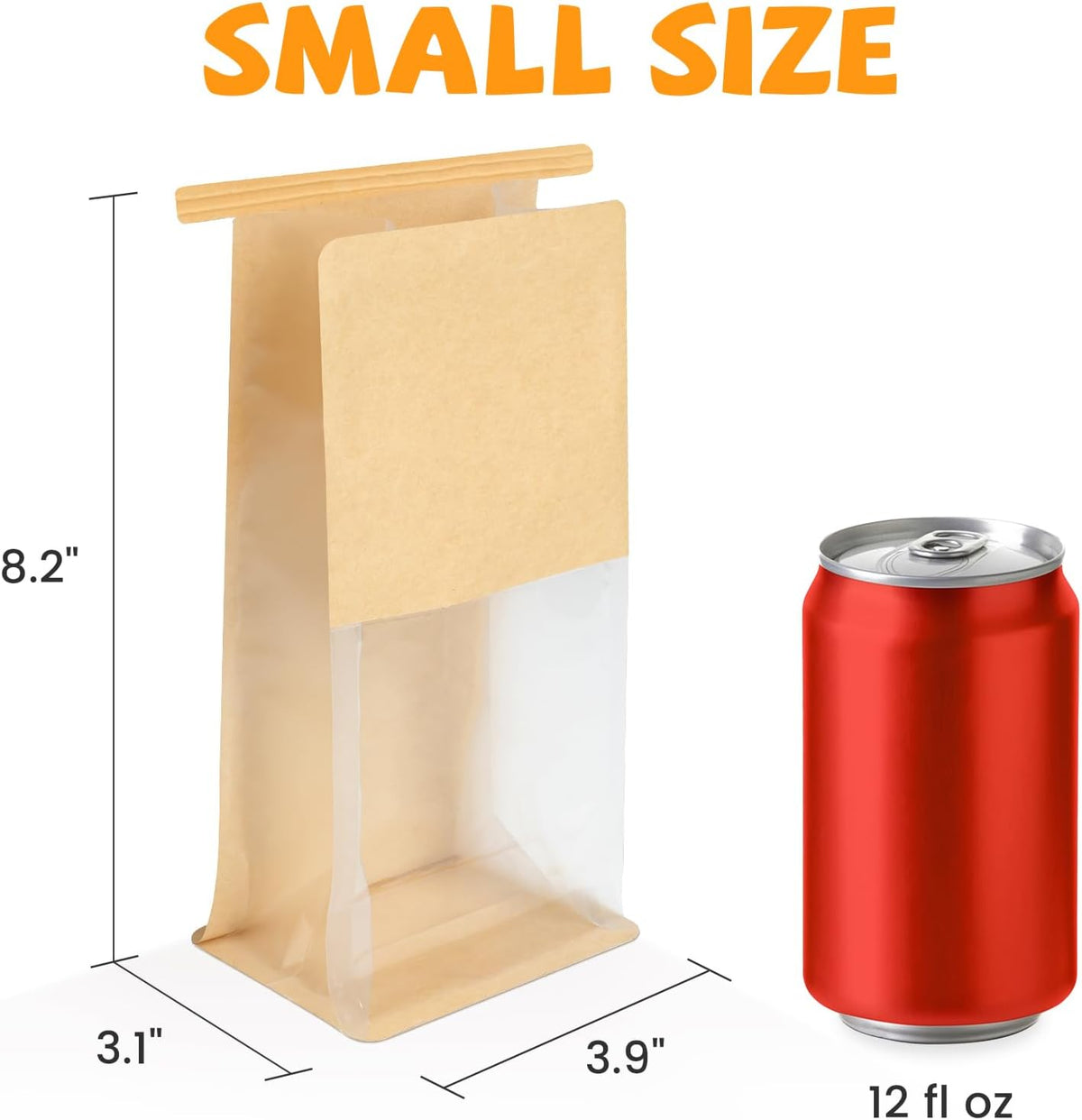 100 Pack Small Bakery Bags with Window, 3.9x3.1x8.2 Inches Tin Tie Tab Lock Cookie Packaging Bag Resealable Paper Treat Bags for Homemade Granola, Popcorn, Candies, Goodies