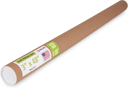 3" x 48" Reinforced Kraft Paper Mailing Tube, Pack of 1 Tube with 2 Caps – Secure USPS Approved Poster Tube – Cardboard Tube for Shipping and Storing of Posters, Prints, Artwork, or Documents