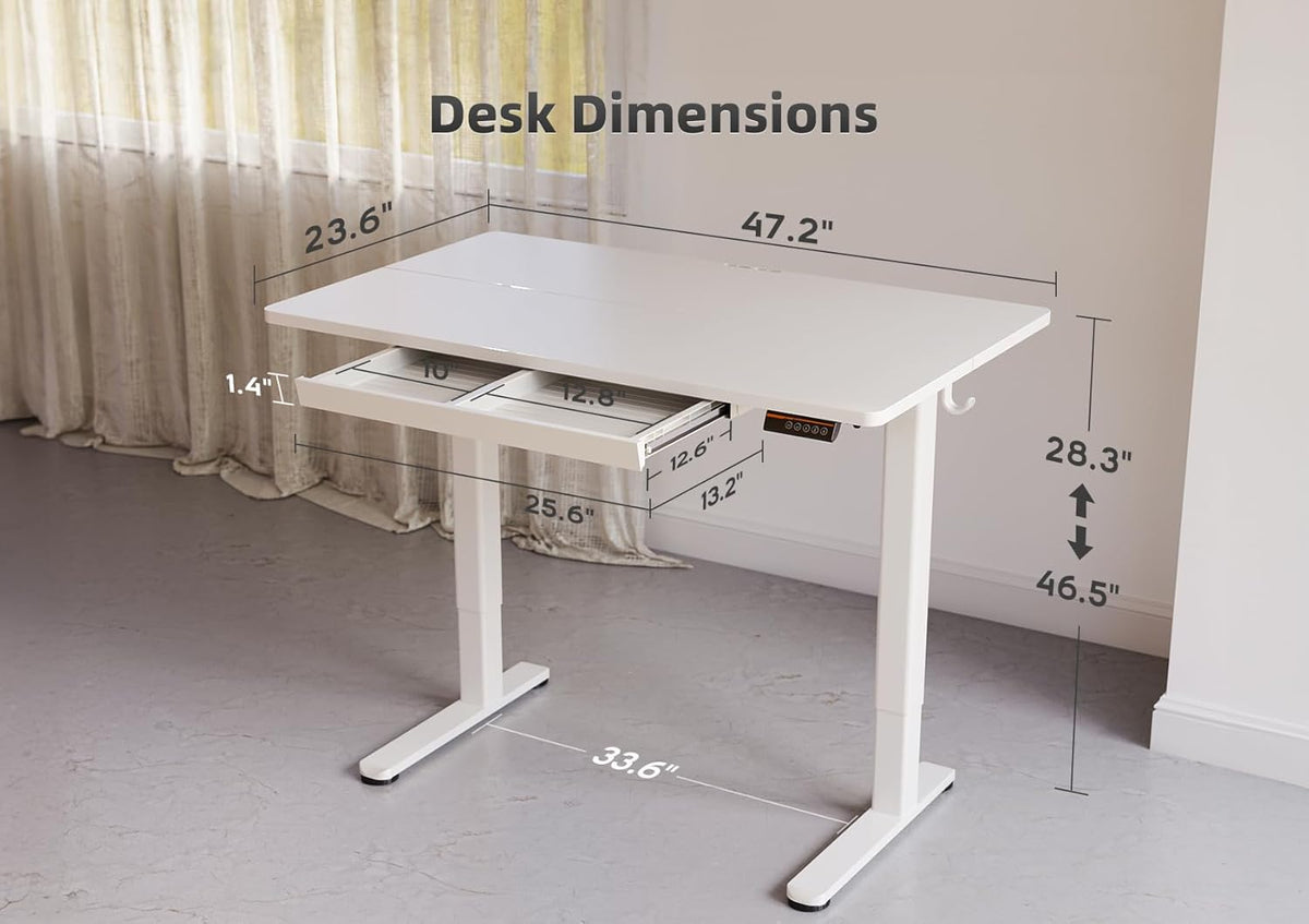 YDN Standing Desk with Drawers, 48 x 24 Inch Electric Adjustable Height Stand Up Desk, Sit Stand for Home Office, White