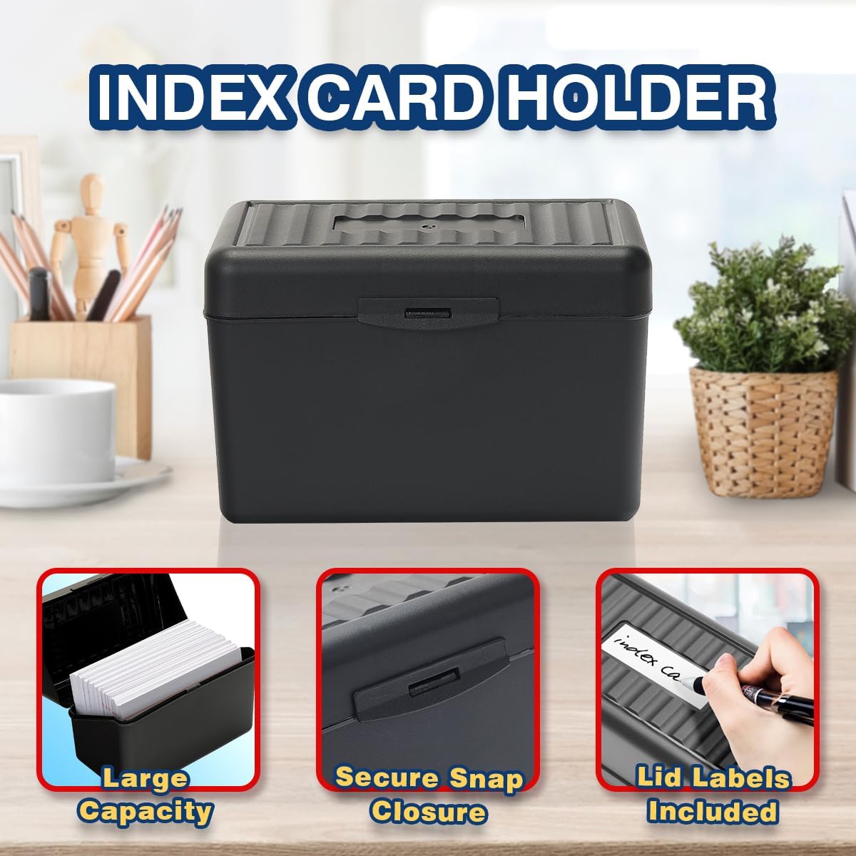 H4D 4x6 Index Card Holder with 100 Heavyweight Ruled Index Cards and 25 Plastic Dividers, Black