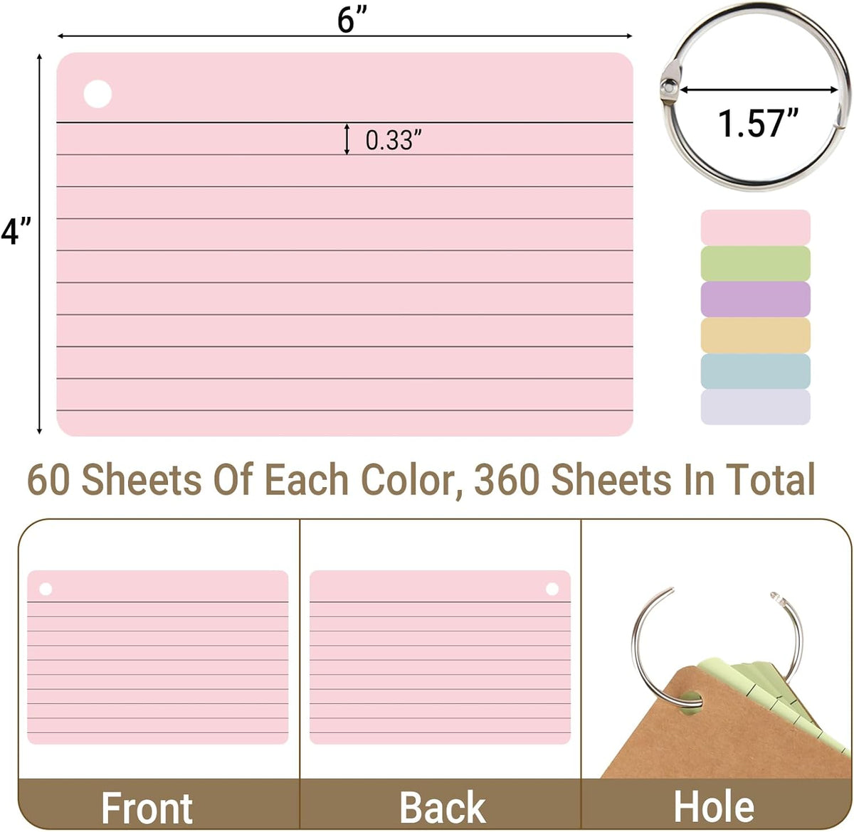 6 Pack Lined Index Cards 4 x 6 Inches, 360 PCS Colored Ruled Index Flashcards Lined Flash Cards with Rings, Note Cards Punched for Study, Office and Home