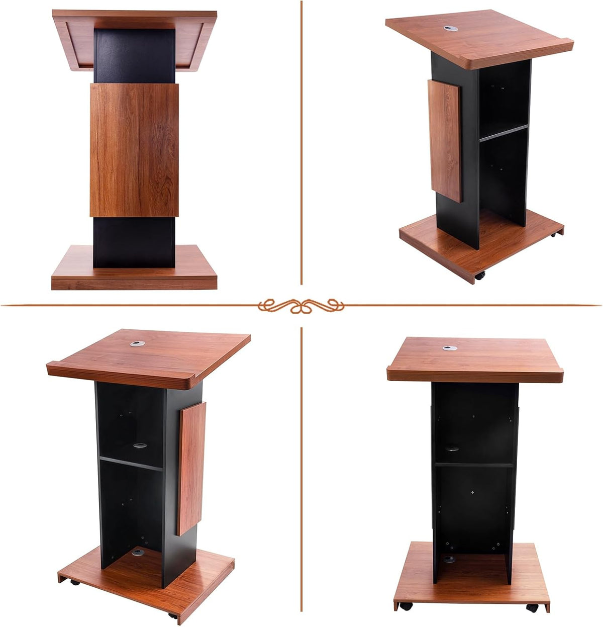 47"Portable Wooden Podium, Wood Speaking Lectern Stand, Reserved Wire Hole, Lockable Wheels, Design with Storage, Standing Pulpit for Church Office School Home Conference Restaurant Meeting