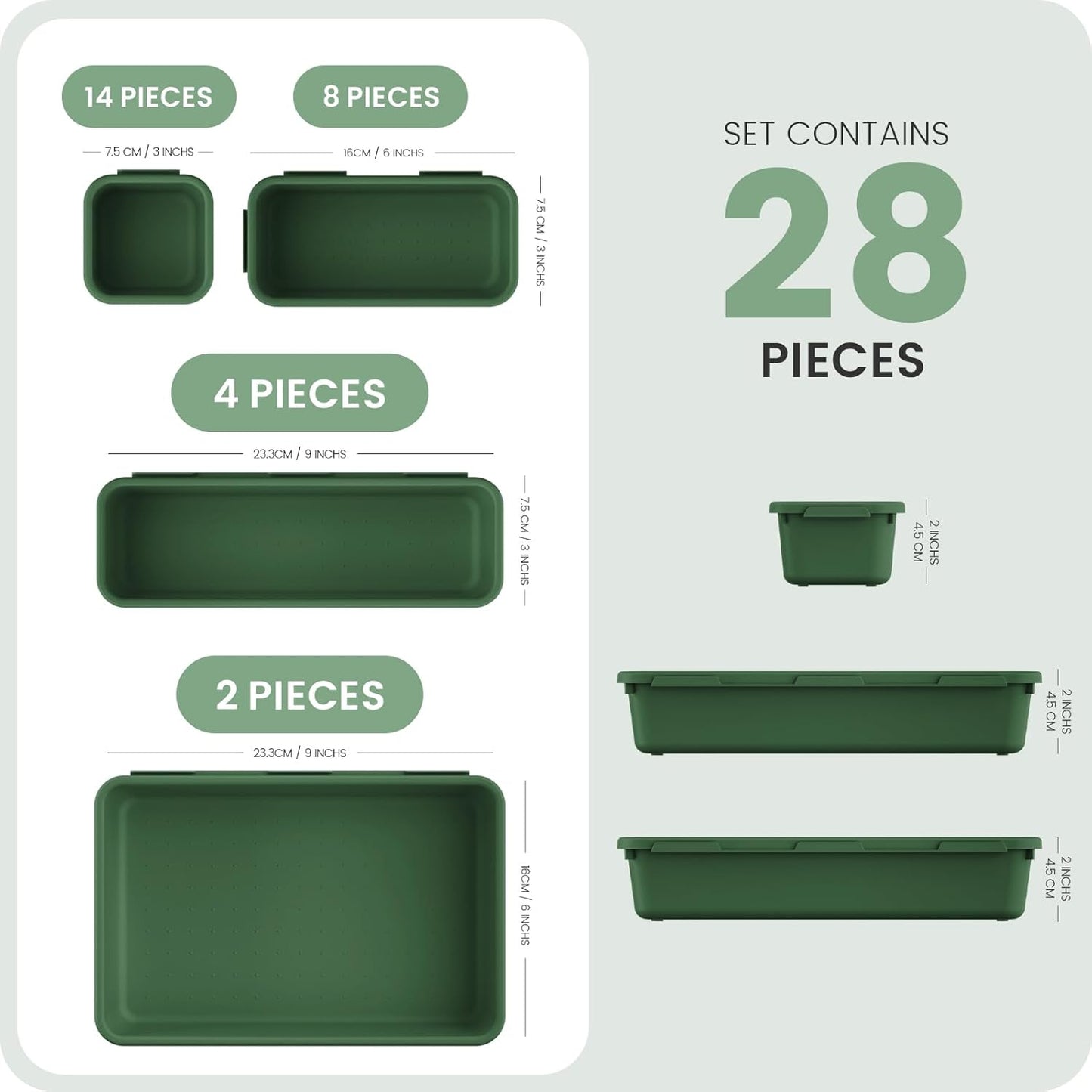 【28PCS】A-LUGEI Drawer Organizer, Bathroom Organizers and Storage, Makeup organizer, Desk drawer organizer, Storage Bins for Kitchen Office Bedroom Vanity Jewelry Pantry Garage【ArmyGreen】【4Size】