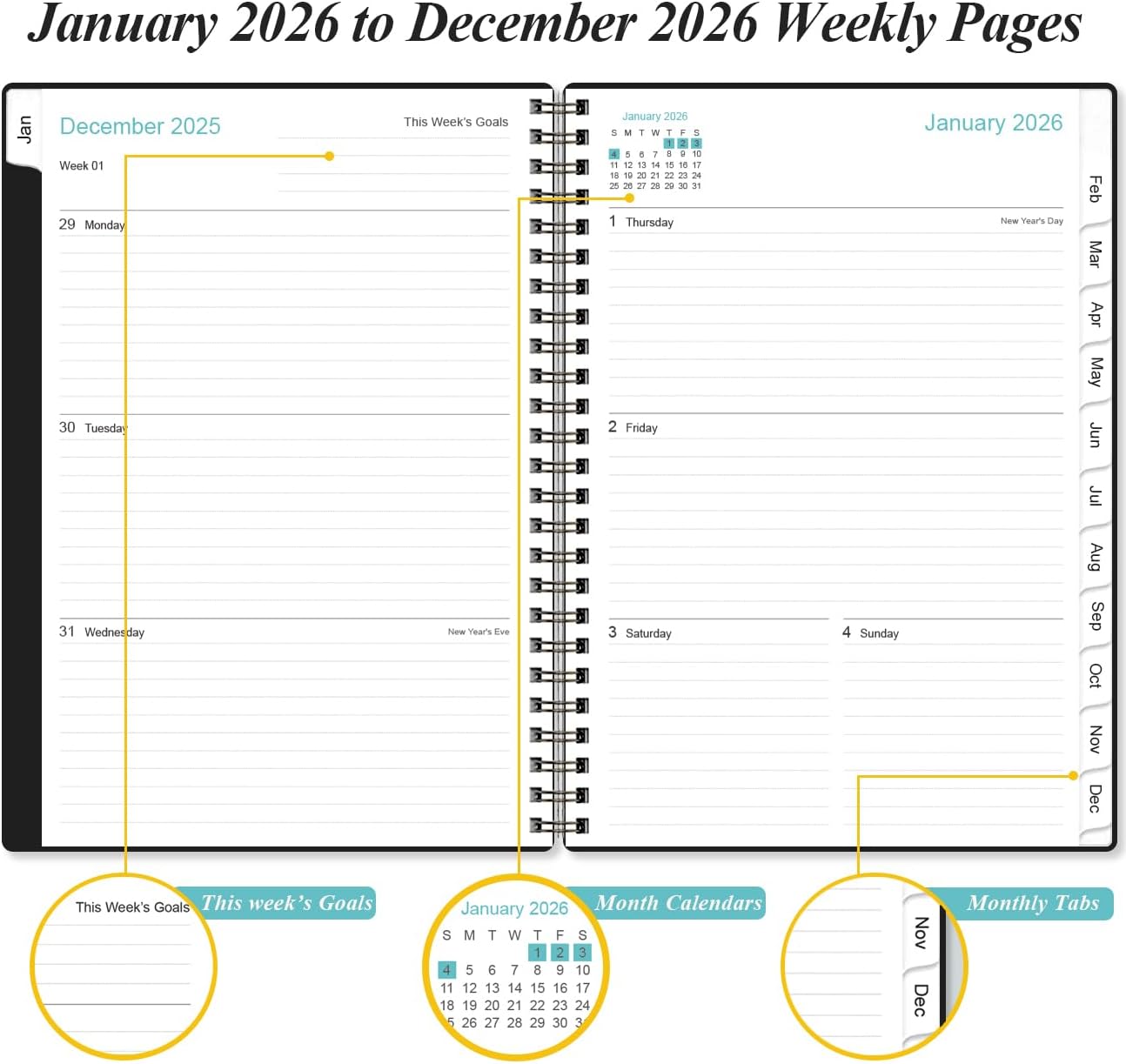 2026 Planner - Planner 2026 from January 2026 - December 2026, Weekly & Monthly Planner Spiral Bound with 12 Monthly Tabs, Inner Pocket, 6.4" x 8.5", Black-E
