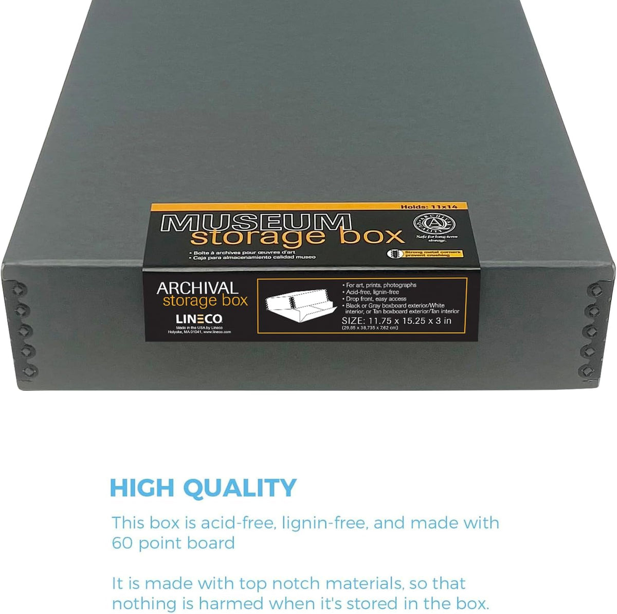 Lineco Museum Archival Storage Box, 11.75x15.25x3 in. Drop Front Design. Acid-Free with Metal Edge. Organize Photos, Pictures, Prints, Documents, Crafts, DIY. Gray, 2 Pack