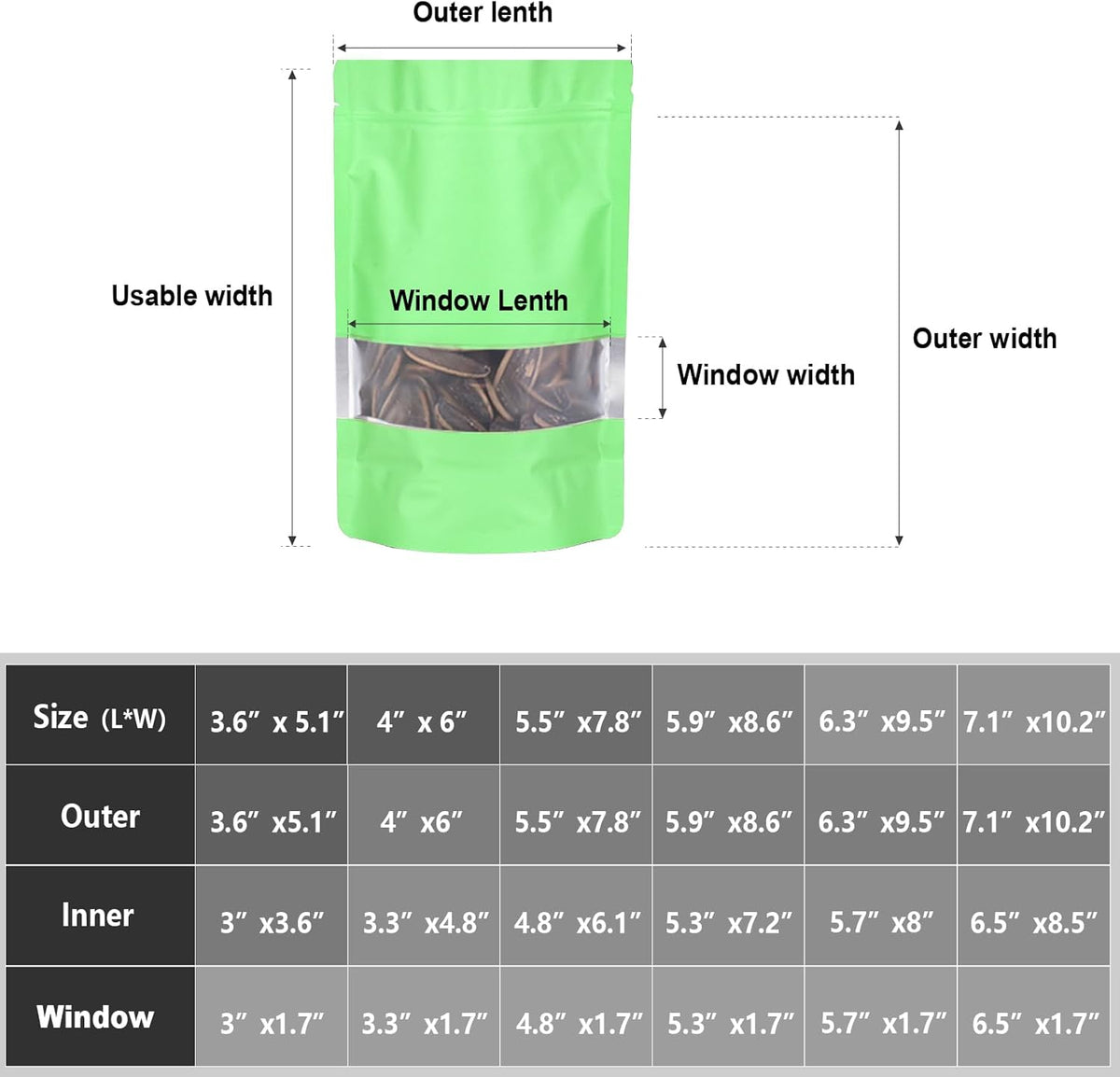 3.5"x5" 120pcs Mylar Bags for Food Storage,Smell Proof Bag with Matte Window Resealable Food Storage Bags for Small Business, Stand-up Foil Pouch Packaging Freeze Dried Candy Bag(Light Green)