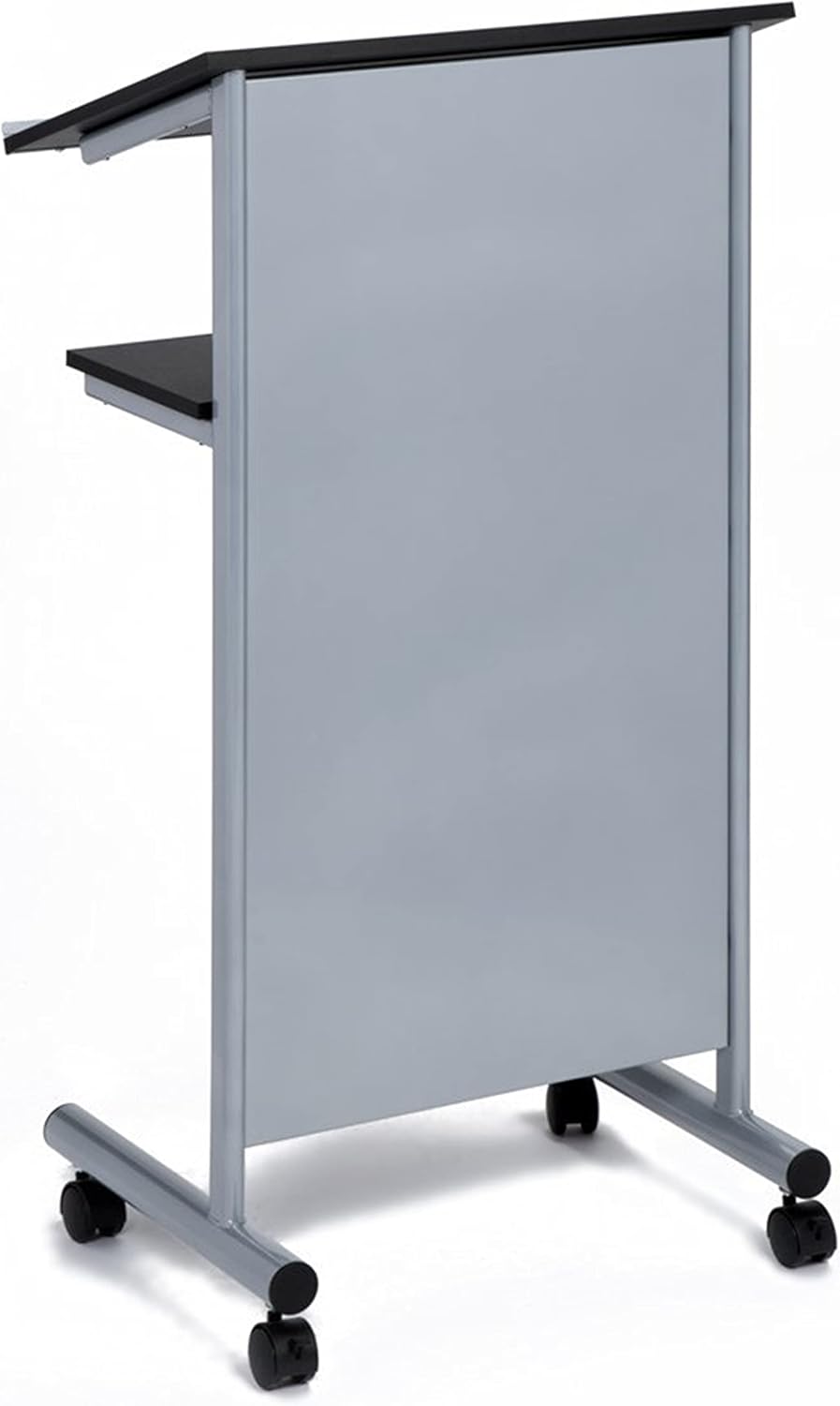 Audio-Visual Direct Wheeled Lectern Podium - Standing Desk with Storage Shelf - Silver/Black - Ideal for Presentations and Laptop Use