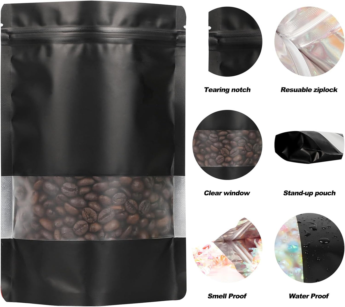 100 Pack Smell Proof Bags, Resealable Mylar Bags with Matte Window, Foil Pouch Stand-up Bags for Food Self Sealing Storage, Scratch Resistant Hand Storage Bags. (Black, 7×10 Inch)