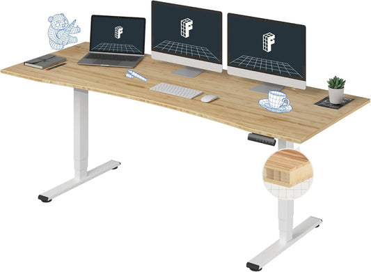 FLEXISPOT E6 Essential Bamboo 3 Stages Dual Motor 78x30 Inch Electric Height Adjustable Standing Whole-Piece Board Desk Sit Stand Up Desk (White Frame + Bamboo Curved Desktop)