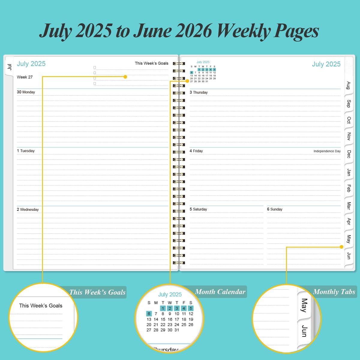 2025 Planner - A4 Weekly & Monthly Planner Spiral Bound, January 2025 - December 2025, Planner 2025 with Flexible Cover, Tabs, Inner Pocket, 8.5" x 11", Teal Flowers