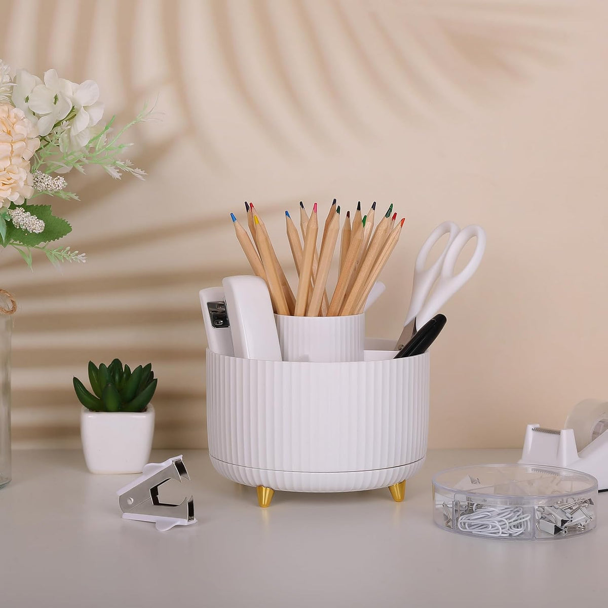 SKYDUE White Office Supplies Set, Office Desk Accessories 10PCS, Pencil Holder for Desk, Stapler, Tape Dispenser, Scissors, Ruler, Binder/Paper Clips and 1000pcs Staples,Desk Supplies Set