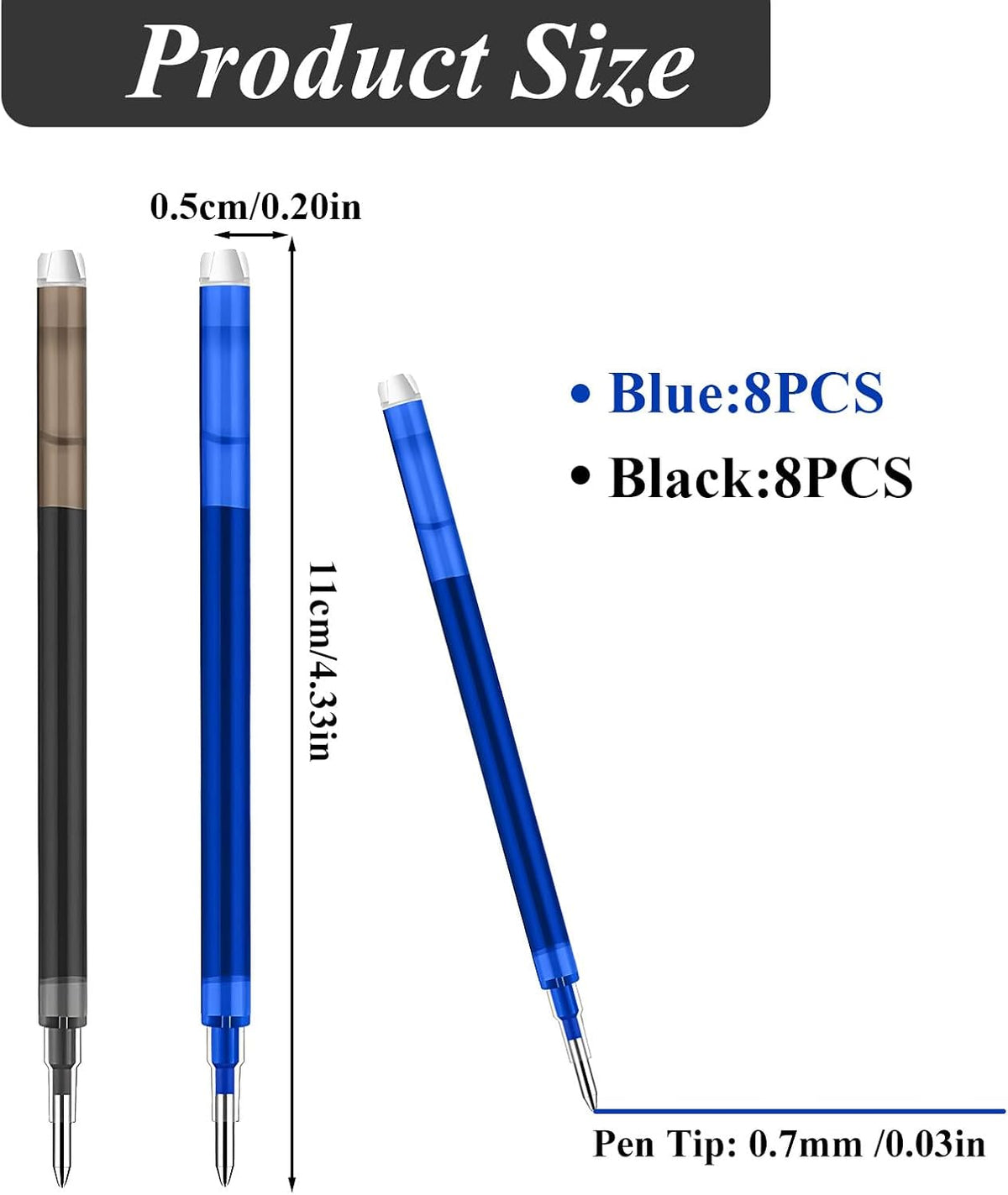 0.7 mm Erasable Gel Ink Pen Refills Compatible with Frixion Friction, Smooth Writing Multicolor Retractable Fine Point Pen Refill for School Office Home Art (Blue & Black, 16)