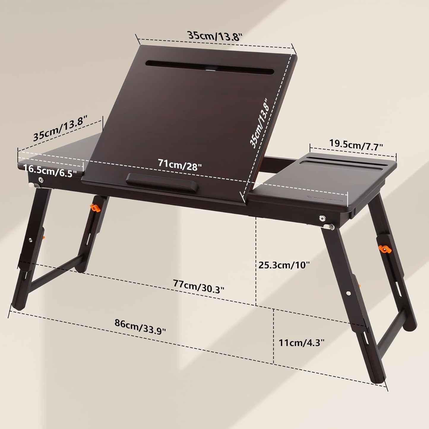 Nnewvante Laptop Bed Desk Bamboo Lap Table with Tablet Slot Height & Angle Adjustable Computer Lap Desk with Drawer Breakfast Serving Tray for Bed Floor, Black Walnut