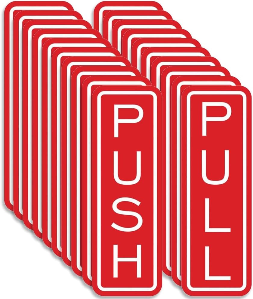 All Quality Classic Vertical Push Pull Door Signs - Great for Glass Doors | Professional Looking Signs | Easy Installation Includes Double-Sided Foam Adhesive Tape (Red) - Large (10 Pack)