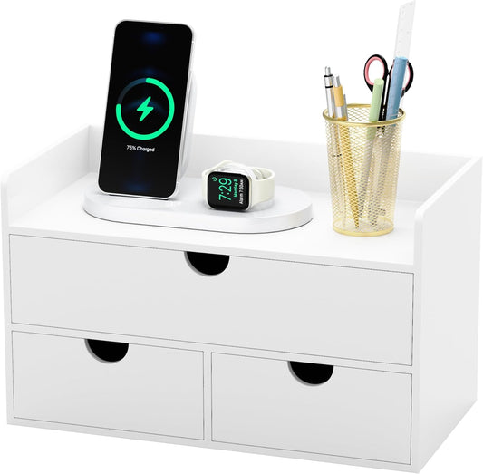 Bamboo Desk Organizer with Drawers Desktop Storage Drawers for Bills Office Supplies Kitchen Utensils Organizing Tool for Home Classroom Organization No Assembly (White with Shelf)