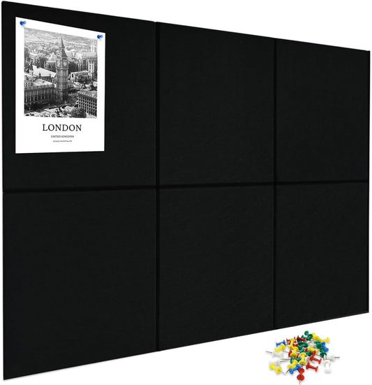 Large Cork Board for Wall 6 Pack, Bulletin Board 36" X 24", Felt Board Wall Tiles with 72 Damage-Free Removable Pads & Push Pins, Alternative Pin Board Cork Board for Office Home, Black