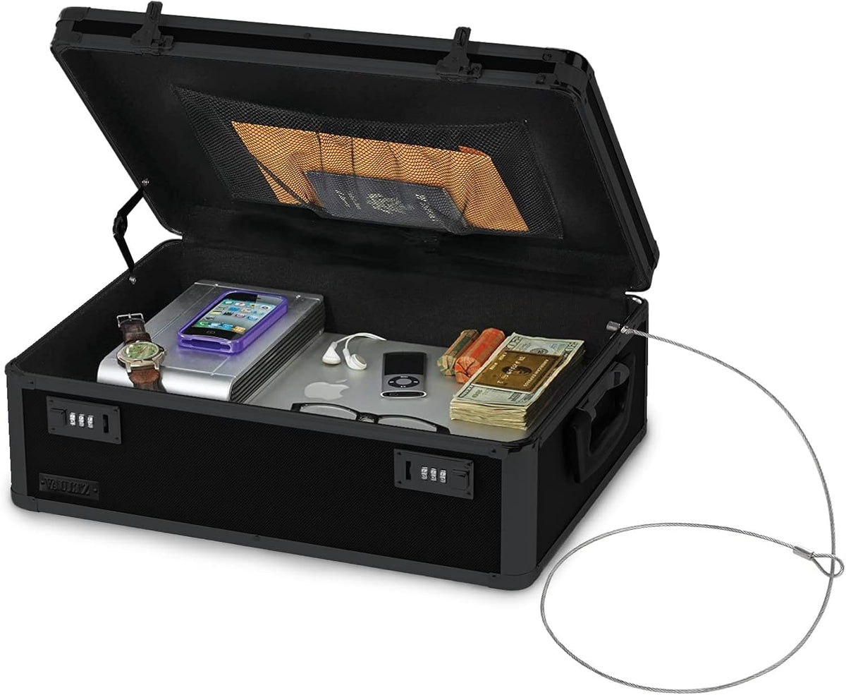Vaultz Storage Lock Box - 6.5 x 19.25 x 13.5 Inch Lockable Dorm Storage Trunk with Combination Lock - Briefcase, Medicine Box, Lock Boxes for Personal Items, Cash, Laptop - Black on Black