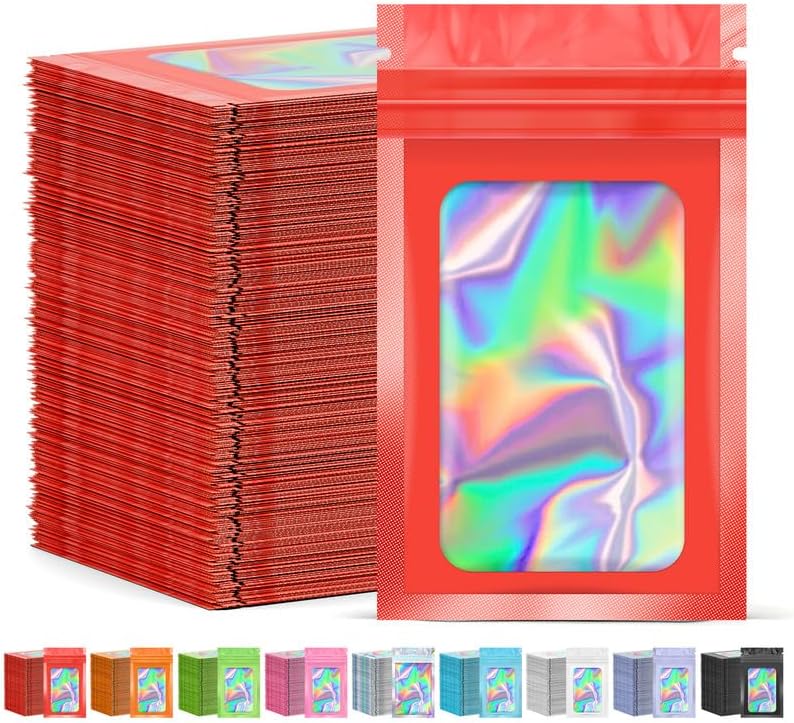 300 Pcs Mylar Bags, Smell Proof Bags Foil Pouch, Holographic Resealable Bags for Small Business, Candy Sample Jewelry Bag Sealable Packaging for Party Favor Food Storage (2.8x3.9in-Red)