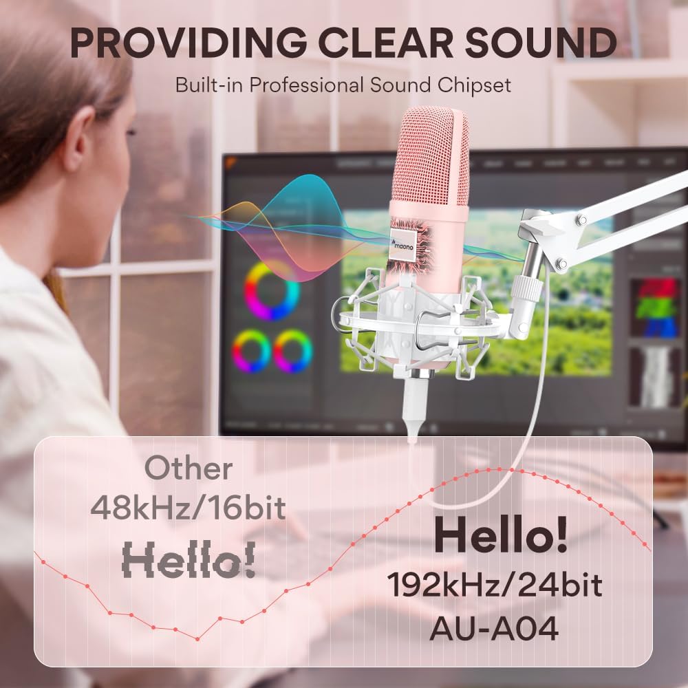 MAONO USB Microphone, 192kHz/24bit Plug & Play PC Computer Podcast Condenser Cardioid Metal Mic Kit with Professional Sound Chipset for Recording, Gaming, Singing, YouTube, AU-A04 Pink