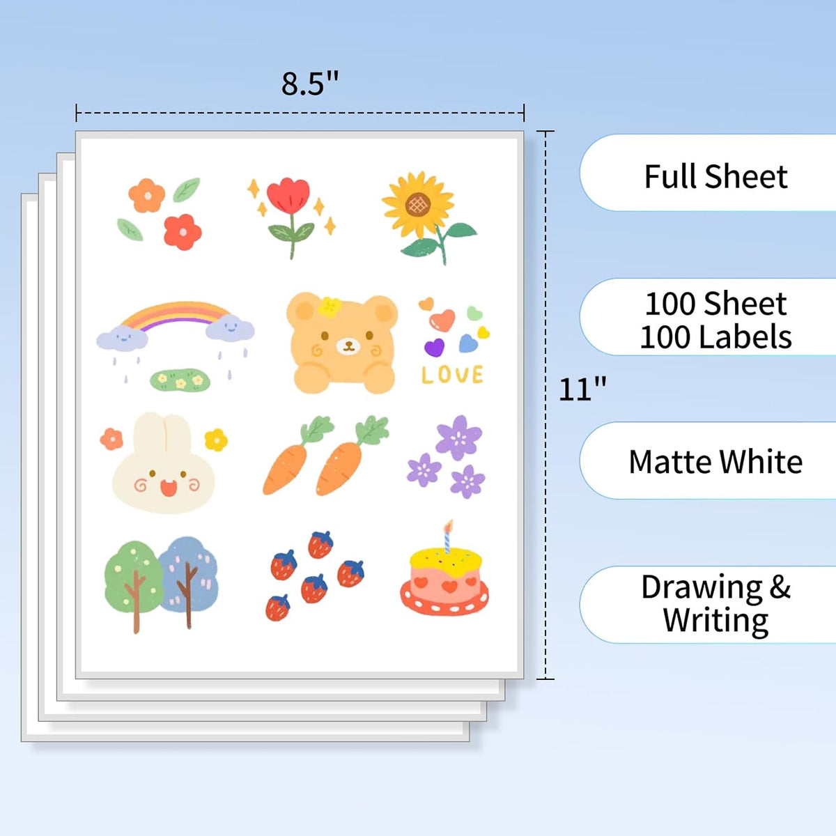 Full Sheet Sticker Paper, 8.5" x 11" Full Page Labels for Laser & Inkjet Printers, 100 Labels