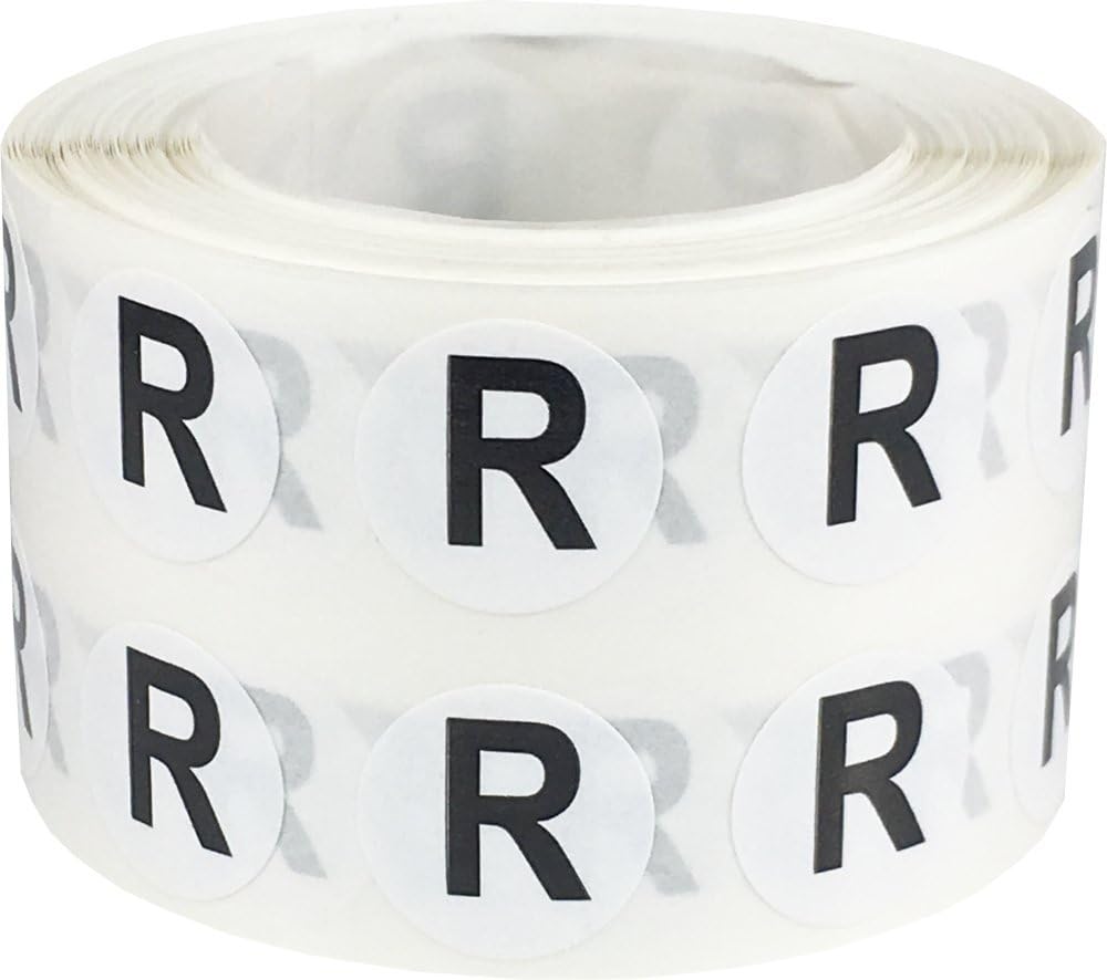 Alphabet Letters R Stickers, 1/2 Inch Round Labels for Inventory Organization, Chart Files, Envelope Seals, Arts and Crafts, 1000 per Roll, Easy-to-Peel, Strong Adhesive, Semi-Gloss Paper