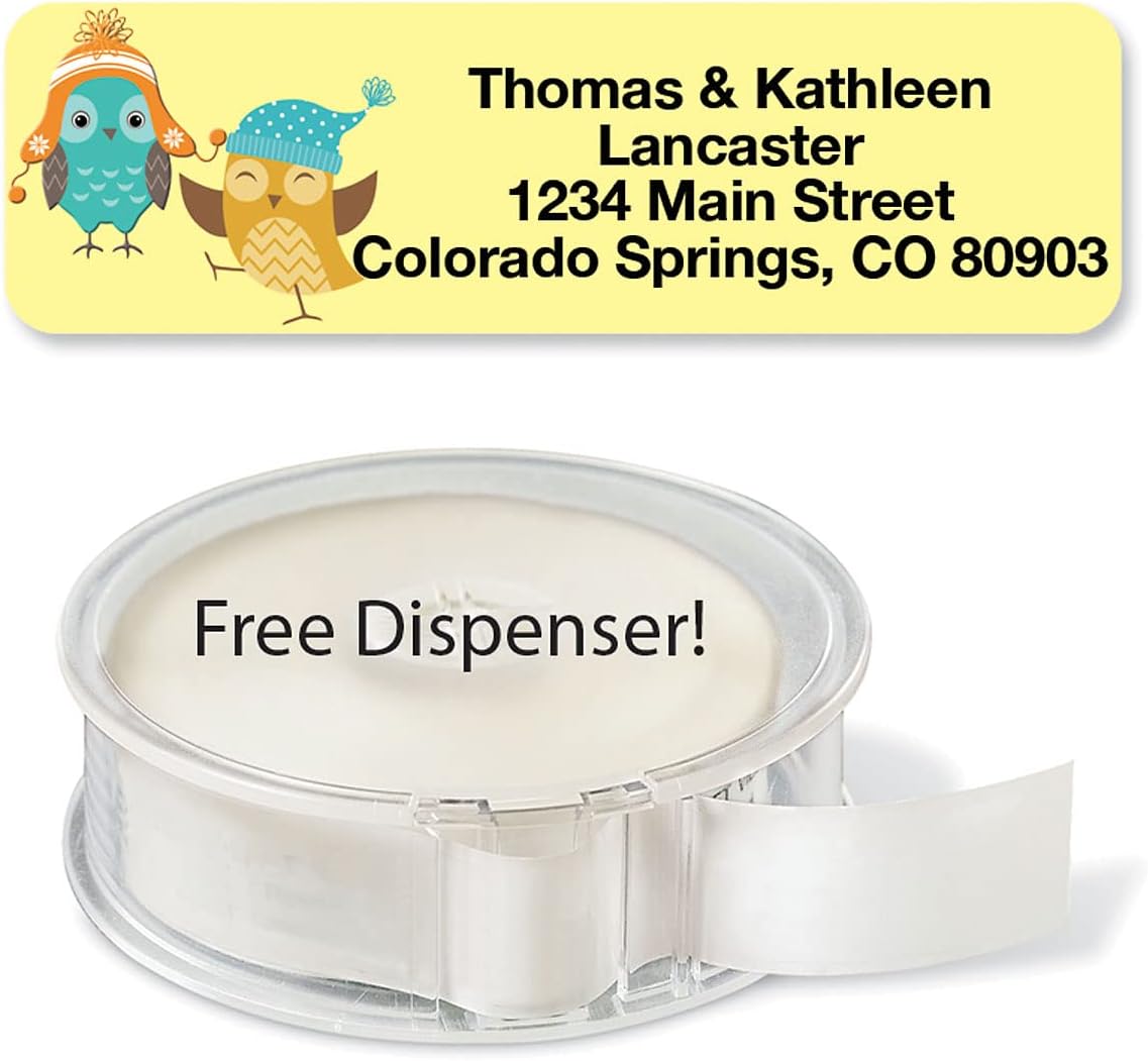 Owls Seasonal Rolled Personalized Return Address Mailing Labels with Dispenser, Set of 500, 5 Designs, Small ¾ x 2½ Inch Size, Custom Self-Adhesive Sticker Roll, by Colorful Images