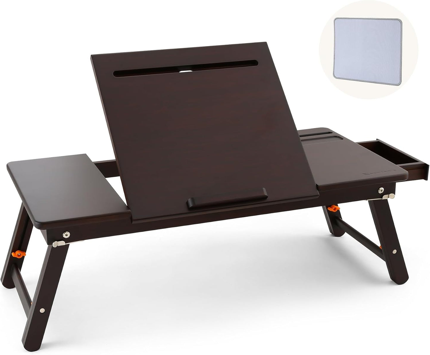 Nnewvante Laptop Bed Desk Bamboo Lap Table with Tablet Slot Height & Angle Adjustable Computer Lap Desk with Drawer Breakfast Serving Tray for Bed Floor, Black Walnut