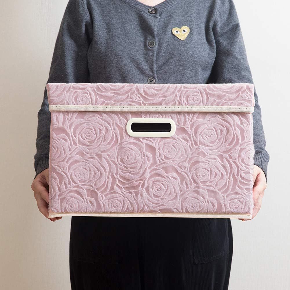 PRANDOM Collapsible Storage Boxes with Lids Fabric Decorative Storage Bins Cubes Organizer Containers Baskets with Cover Handles Divider for Bedroom Closet Living Room 14.9x9.8x9.8 Inch 3 Pack