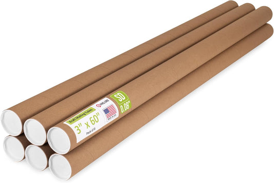 3" x 60" Reinforced Kraft Paper Mailing Tube, Pack of 6 Tubes with 12 Caps – Secure USPS Approved Poster Tube – Cardboard Tube for Shipping and Storing Posters, Prints, Artwork, or Documents