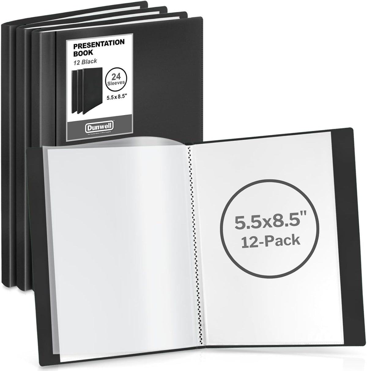 Dunwell Small Presentation Book 5.5x8.5 (12-Pack, Black), 24 Pockets Display 48 Half Size Pages, Plastic Binders with Sleeves, 5.5 x 8.5 Mini Booklets, Acid-Free Poly