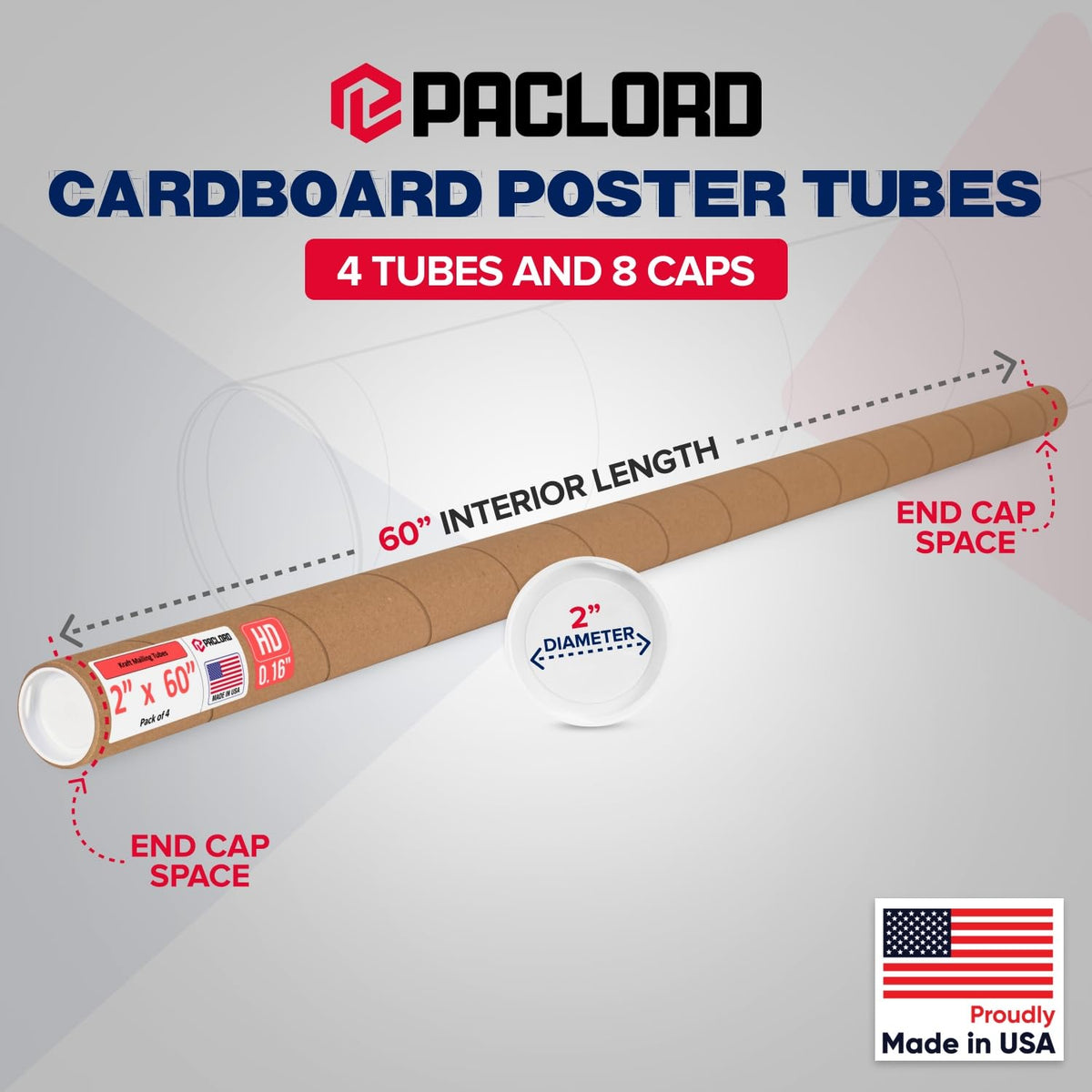2" x 60" Heavy-Duty Reinforced Cardboard Mailing Tube, Pack of 4 Tubes with 8 Caps – Secure USPS Approved – Great for Shipping and Storing of Prints, Artwork, Posters or Documents