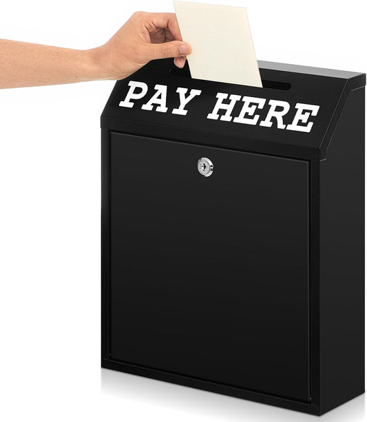 15 x 12 x 4 Inch Safe Cash Box Money Collection Metal Donation Box with Lock Wall Mount Pre Drilled Mailbox Delivery Ballot for Home Office Outdoor Self Serve Stand(Black)